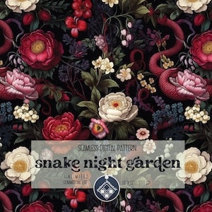 Snake Night Garden seamless pattern Unlimited Commercial Use digital print file instant download Sublimation POD magickal witchy dark floral