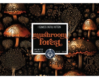 May include: A seamless digital pattern featuring a dark background with gold and orange mushrooms and foliage. The text "mushroom forest" is in the center of the image.