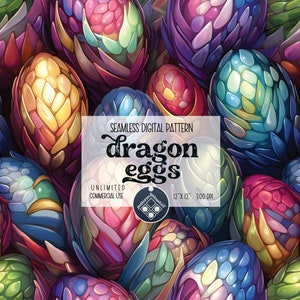 May include: A seamless digital pattern featuring a close-up of colorful dragon eggs. The eggs are arranged in a random pattern and have a variety of textures and colors, including green, blue, purple, red, and yellow. The text "Seamless Digital Pattern dragon eggs Unlimited Commercial Use 12" x 12" 300 DPI" is displayed on a white rectangle in the center of the image.