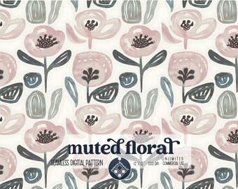 May include: A seamless digital pattern featuring muted pink and gray floral designs on a white background. The pattern is called "muted floral" and is 12 x 12 inches at 300 DPI. It is for unlimited commercial use.