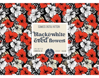 May include: A seamless digital pattern featuring black, white, and red hibiscus flowers on a black and white striped background. The text "black&white &red flowers" is displayed in a vintage style font. The pattern is 12 inches by 12 inches and 300 DPI.
