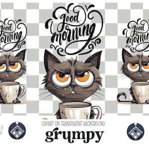 Puede incluir: Un gato de dibujos animados gruñón con grandes ojos naranjas sostiene una taza de café blanca con manchas marrones. El gato está sentado sobre un fondo a cuadros con el texto "Good morning" escrito en cursiva negra sobre el gato.