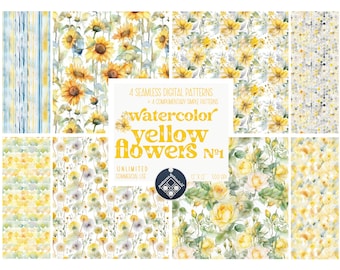 Watercolor yellow flowers seamless pattern Unlimited Commercial Use digital print file instant download Sublimation POD spring summer floral