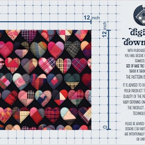 May include: A digital download of a 12x12 inch seamless pattern featuring a patchwork of red, pink, and blue hearts on a black background. The pattern is not editable and is intended for printing.