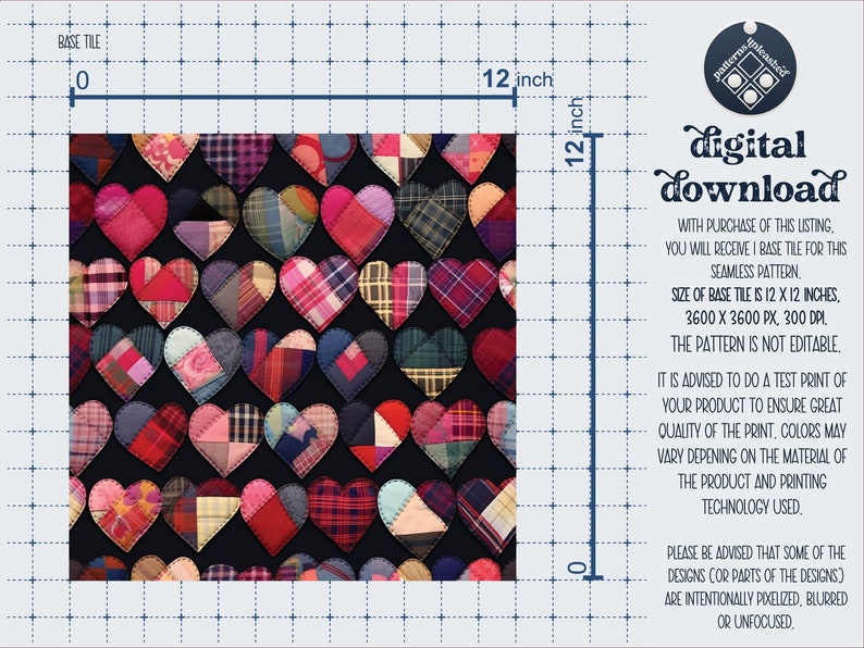 May include: A digital download of a 12x12 inch seamless pattern featuring a patchwork of red, pink, and blue hearts on a black background. The pattern is not editable and is intended for printing.