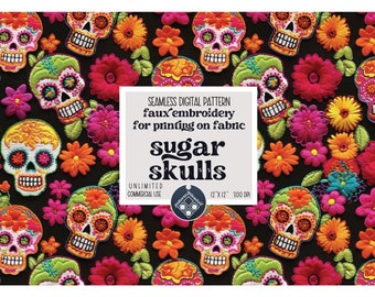Sugar Skulls faux embroidery seamless pattern printable instant download Unlimited Commercial Use faux textured file for printing on fabric