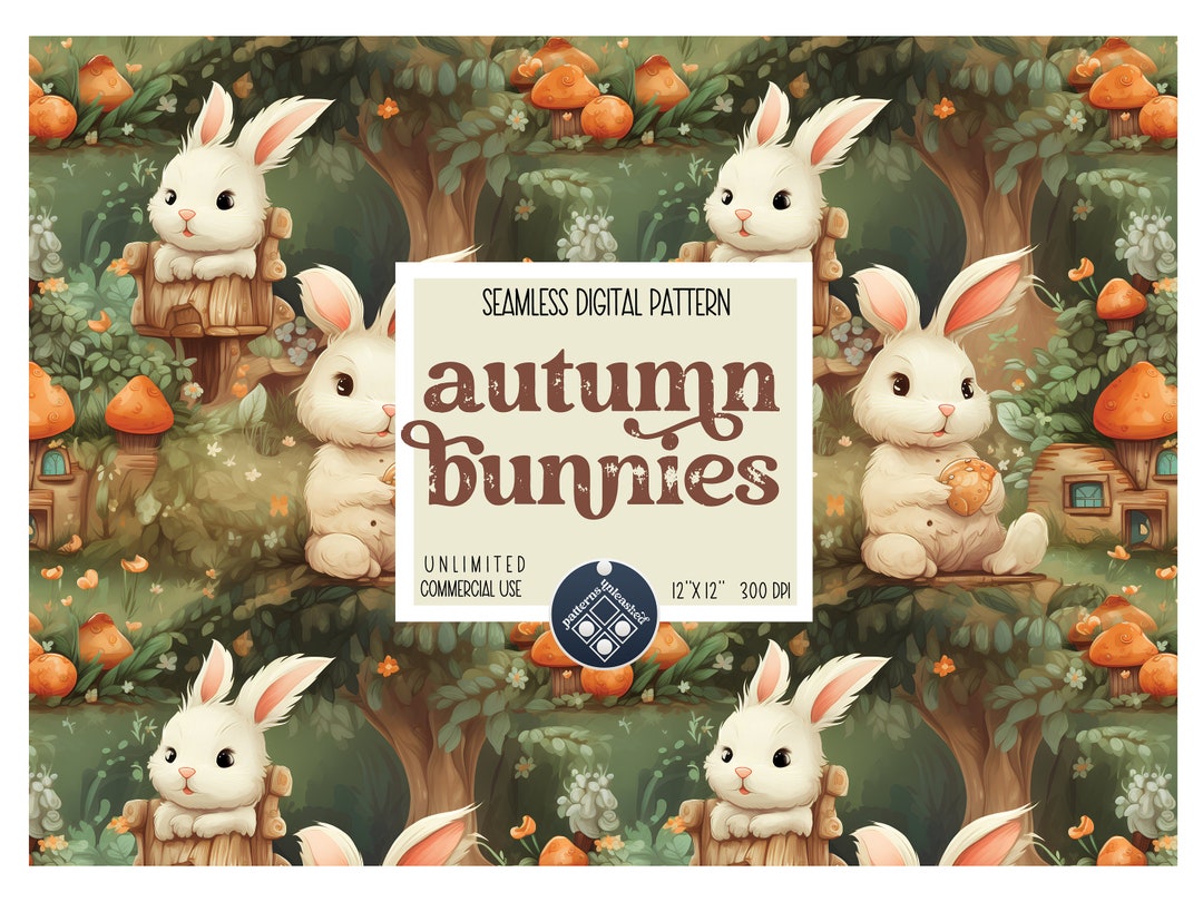 Cute Bunnies Autumn Seamless Pattern Unlimited Commercial Use Digital ...