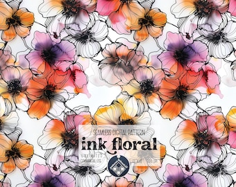 May include: A seamless digital pattern featuring watercolor flowers in shades of pink, orange, and yellow with black outlines. The pattern is titled "ink floral" and is 12x12 inches at 300 DPI.