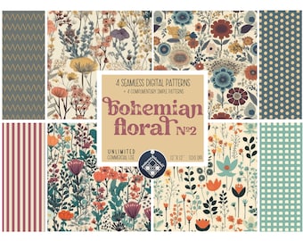 May include: A set of 8 digital seamless patterns featuring a bohemian floral design. The patterns include a variety of flowers, leaves, and geometric shapes in a warm color palette. The patterns are 12 inches by 12 inches and 300 DPI.