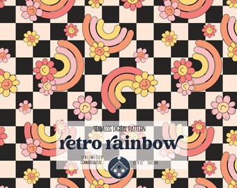 May include: A seamless digital pattern featuring retro rainbows and smiling flowers on a black and white checkered background. The pattern is titled "retro rainbow" and is 12 inches by 12 inches at 300 DPI.
