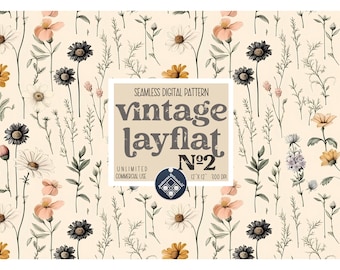 May include: A seamless digital pattern featuring a vintage floral design with various flowers in shades of pink, white, yellow, and black on a cream background. The pattern is labeled "Vintage Layflat No. 2" and is 12 inches by 12 inches at 300 DPI.