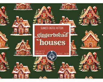 May include: A seamless digital pattern featuring gingerbread houses with white frosting and candy decorations on a green background. The text "gingerbread houses" is displayed in a red box with white text.