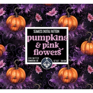 Zucche Halloween carta digitale senza cuciture Modello illimitato per uso commerciale Download immediato Sublimazione tessuto fiori viola rosa autunno