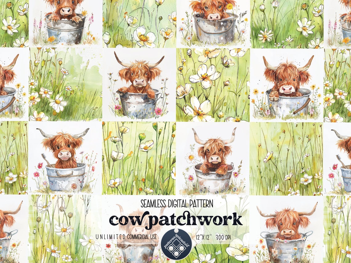Highland Cows Patchwork Seamless Pattern Unlimited Commercial Use ...