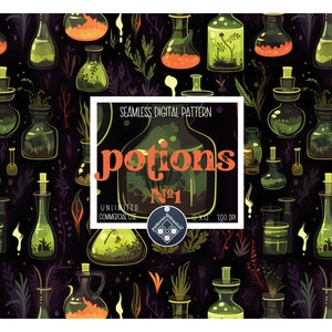 May include: A seamless digital pattern featuring various green, orange, and yellow glass bottles filled with colourful liquids and plants. The bottles are arranged on a black background with green and purple foliage. The text "potions No.1" is displayed in the centre of the image.