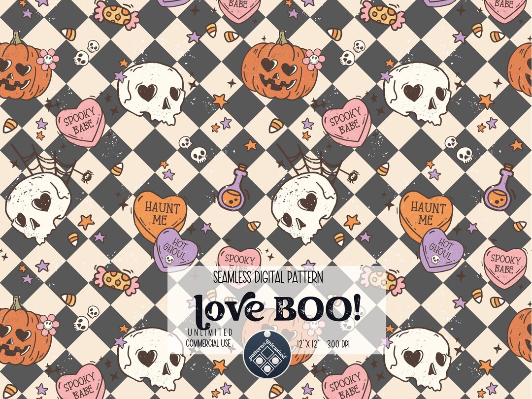 Love Boo Retro Halloween Digital Seamless Pattern Unlimited Commercial ...