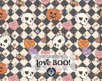 May include: A seamless digital pattern featuring a black and white checkered background with various Halloween-themed illustrations. The pattern includes skulls with hearts for eyes, candy hearts with spooky messages, pumpkins, and stars. The text "Love Boo!" is featured in the center of the pattern.