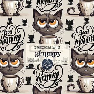 Könnte beinhalten: Ein nahtloses digitales Muster mit einer mürrischen Katze, die eine Kaffeetasse hält. Die Katze hat braunes Fell, orangefarbene Augen und eine schwarze Nase. Der Hintergrund ist hellbeige mit dem Text "good morning" in schwarzer Kursivschrift. Das Muster ist 30,5 cm x 30,5 cm groß und hat 300 DPI.