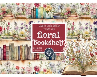 Floral bookshelf seamless pattern and clipart Unlimited Commercial Use digital file instant download Sublimation POD floral png book lovers