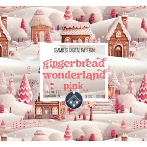 May include: A seamless digital pattern featuring a gingerbread wonderland with pink accents. The pattern includes gingerbread houses, candy canes, and snow-covered hills. The text "gingerbread wonderland pink" is displayed in a vintage style font.