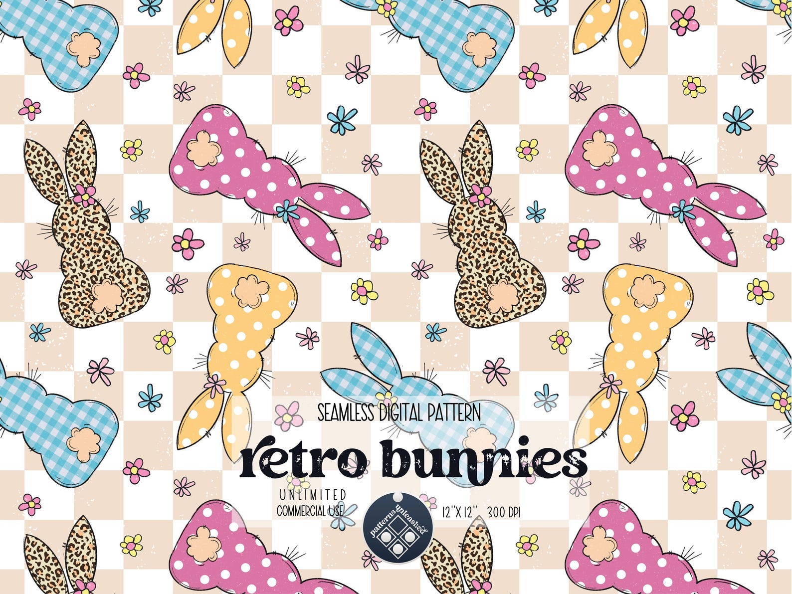 Retro Bunnies Digital Seamless Pattern Unlimited Commercial Use Print ...