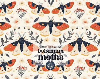 May include: A seamless digital pattern featuring bohemian moths with orange, white, and black wings. The pattern also includes small white flowers, red berries, and gray leaves on a cream background. The text "SEAMLESS DIGITAL PATTERN bohemian moths UNLIMITED COMMERCIAL USE 12"X12" 300 DPI" is included in the image.