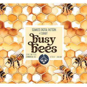 May include: A seamless digital pattern featuring a honeycomb background with busy bees flying around. The pattern is 12 inches by 12 inches and 300 DPI. The text "Busy Bees" is written in a stylized font.