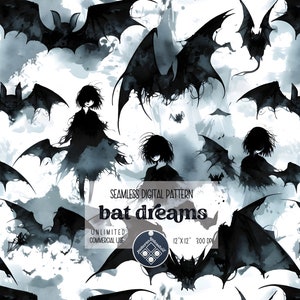 Bat Dreams seamless pattern Unlimited Commercial Use digital print file instant download Sublimation POD magickal witchy dark watercolor