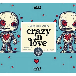 May include: A seamless digital pattern featuring a cartoon illustration of a stitched-up, skeletal figure with a red heart on its chest. The figure is surrounded by red hearts on a light blue background. The text "crazy in love" is displayed in a black font on a cream background.