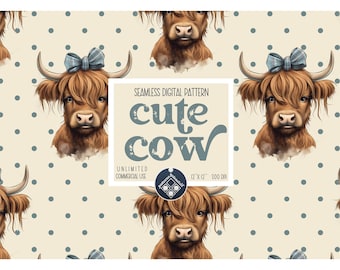 Cute highland cow seamless pattern Unlimited Commercial Use digital print file instant download Sublimation POD bow baby fabric