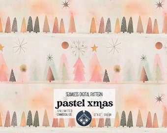 May include: A seamless digital pattern featuring rows of stylized Christmas trees in pastel colors. The trees are in shades of pink, green, and gray, with white polka dots. The background is a soft, watercolor wash with stars and snowflakes. The text "pastel xmas" is visible.