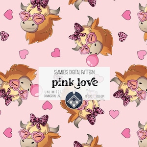 Valentine Highland Cow seamless pattern Unlimited Commercial Use digital print file instant download Sublimation POD Leopard print bow