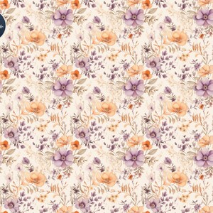May include: A seamless pattern featuring a repeating design of watercolor flowers in shades of purple, orange, and brown on a cream background.