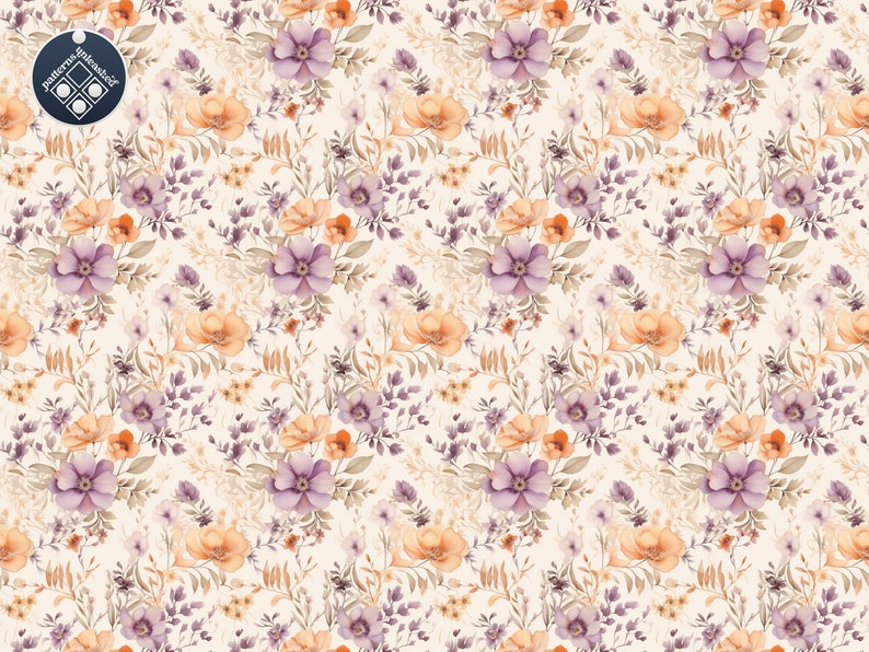 May include: A seamless pattern featuring a repeating design of watercolor flowers in shades of purple, orange, and brown on a cream background.
