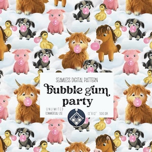 May include: A seamless digital pattern featuring a variety of animals, including pigs, cows, horses, and dogs, all blowing pink bubble gum. The background is a light blue with white clouds. The text "Bubble gum party" is written in a playful font. The pattern is 12 inches by 12 inches and 300 DPI.