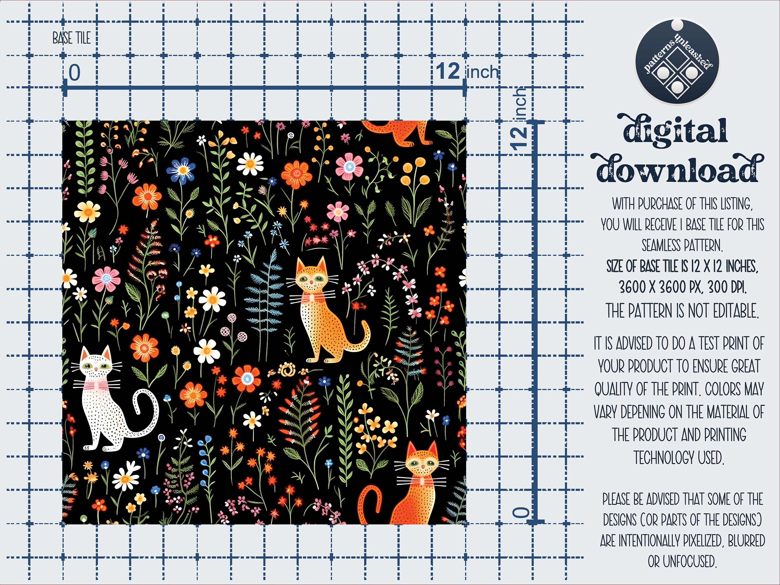 Cats in Flower Field Seamless Pattern Unlimited Commercial Use - Etsy