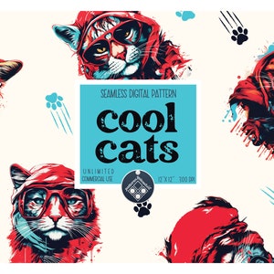 クールな猫のシームレスなパターン 無制限の商用利用 デジタルプリントファイルの即時ダウンロード 昇華PODリピートタイルであらゆる製品に印刷可能