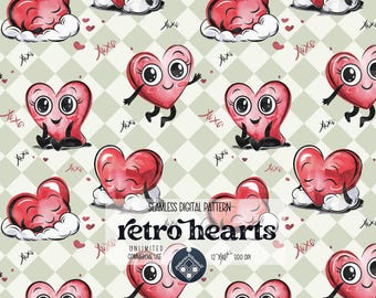 May include: Seamless digital pattern featuring cartoon hearts in various poses. The hearts are red with black accents, expressive faces, and small arms and legs. The background is a light green and white checkered pattern with "xoxo" and small hearts.