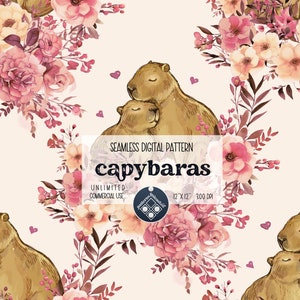 Könnte beinhalten: Ein nahtloses digitales Muster mit zwei kuschelnden Capybaras, umgeben von rosa und pfirsichfarbenen Aquarellblumen. Der Text "seamless digital pattern capybaras" wird in der Mitte des Bildes angezeigt.
