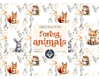 Forest animals seamless pattern Unlimited Commercial Use digital print file instant download Sublimation POD watercolor gentle cute baby