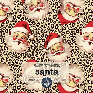 Peut inclure: Un motif numérique sans couture représentant une illustration vintage du visage du Père Noël sur un fond léopard. Le motif mesure 12x12 pouces et 300 DPI. Le texte "santa" est écrit en gras, en blanc.