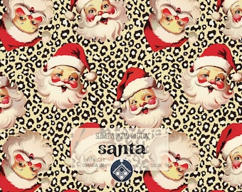 May include: A seamless digital pattern featuring a vintage illustration of Santa Claus's face on a leopard print background. The pattern is 12x12 inches and 300 DPI. The text "santa" is written in a bold, white font.
