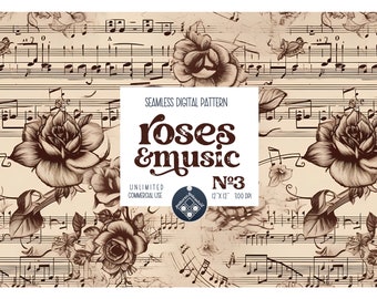 Musical notes and flowers seamless pattern Unlimited Commercial Use digital print file instant download Sublimation POD roses vintage design