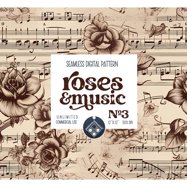 Musical notes and flowers seamless pattern Unlimited Commercial Use digital print file instant download Sublimation POD roses vintage design