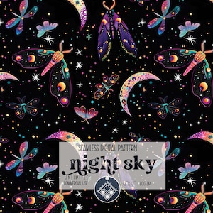May include: A seamless digital pattern featuring a dark blue night sky with colorful moths, butterflies, and crescent moons. The text "night sky" is written in a stylized font with a rainbow gradient.