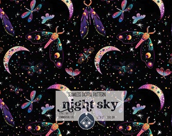 Night Sky seamless pattern Unlimited Commercial Use digital print file instant download Sublimation POD mystical moth magic celestial night