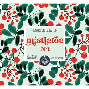 Könnte beinhalten: Ein nahtloses digitales Muster mit roten Beeren und grünen Blättern auf hellblauem Hintergrund. Das Muster trägt den Titel "mistletoe #1" und ist 30,5 cm x 30,5 cm groß bei 300 DPI. Es ist für unbegrenzte kommerzielle Nutzung bestimmt.