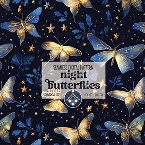 Könnte beinhalten: Ein nahtloses digitales Muster mit goldenen und blauen Schmetterlingen auf dunkelblauem Hintergrund mit goldenen Sternen. Der Text "night butterflies" befindet sich in der Mitte des Bildes.