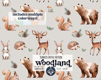 May include: A seamless digital pattern featuring woodland animals, including a deer, squirrel, rabbit, hedgehog, and bear. The pattern is available in multiple colorways and is 12 inches by 12 inches at 300 DPI.