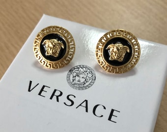 Vintage Versace Madusa Earrings Gold and Black Stud Earrings